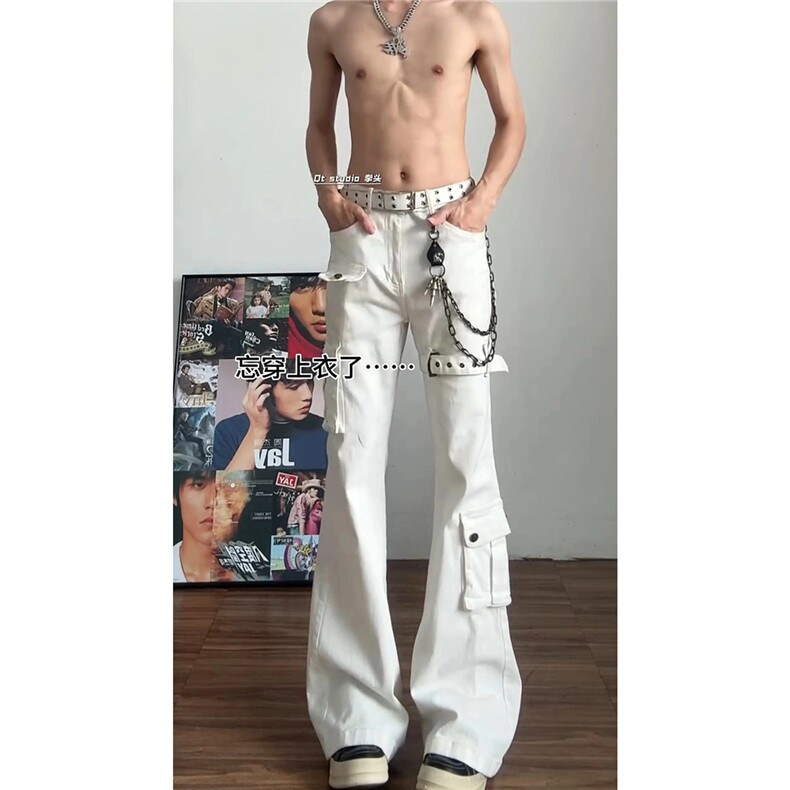 春季美式高街风绑带微喇牛仔裤显瘦修身直筒裤子男女潮LD7811-P49,男装牛仔裤,星座1008