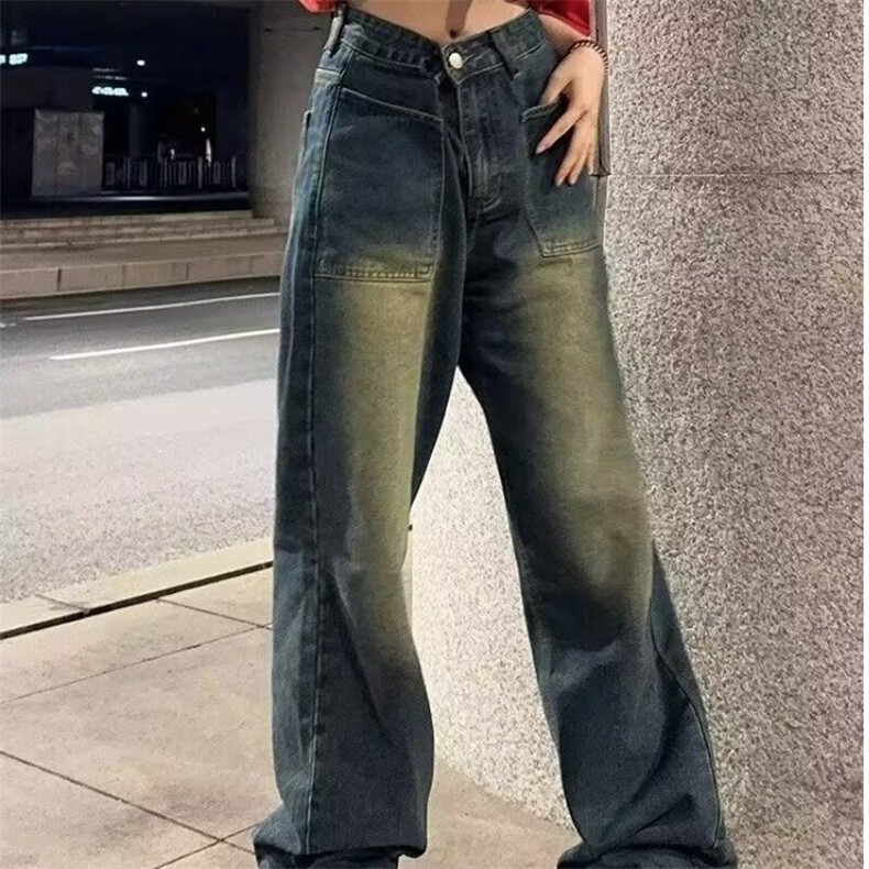 美式高街复古做旧蓝色多口袋设计感牛仔裤男女宽松直筒阔腿裤，女装牛仔裤，星座506A