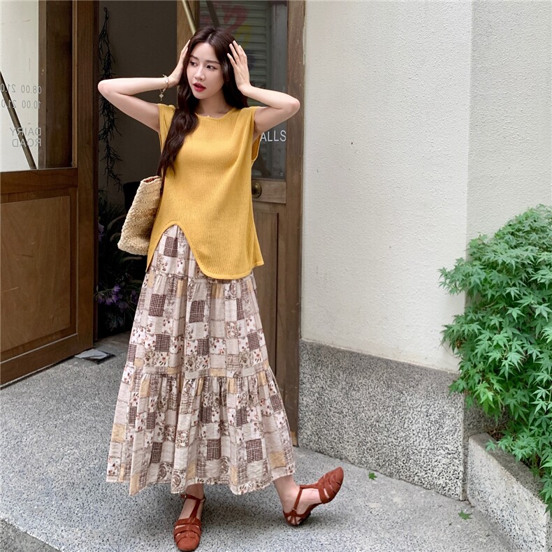 不规则上衣民族风碎花半身裙套装女2025夏季新款韩系松弛感两件套,女装套装/套裙,2C166