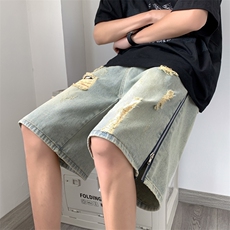 新款侧边拉链开叉牛仔裤破洞短裤男潮牌痞帅裤子高街N0504-P45，男装牛仔裤，星座308B-1