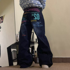 复古彩色字母标语阔腿牛仔裤男女生春秋宽松街头休闲直筒拖地长裤，男装牛仔裤，星座302B-2