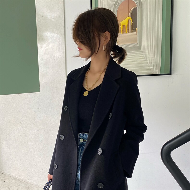 2025年夏季常规长袖中长款一粒扣纯色手工双面呢大衣时尚百搭,女装双面呢大衣,蒙绒特