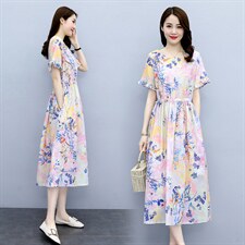 小碎花连衣裙女夏2025新款收腰显瘦气质短袖裙子休闲印花棉麻长裙,女装连衣裙,倪叶myz