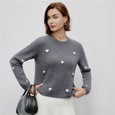 2025秋冬新款时尚百搭圆领山羊绒100%长袖爱心图案针织上衣，女装羊绒衫，阿舍尔精品