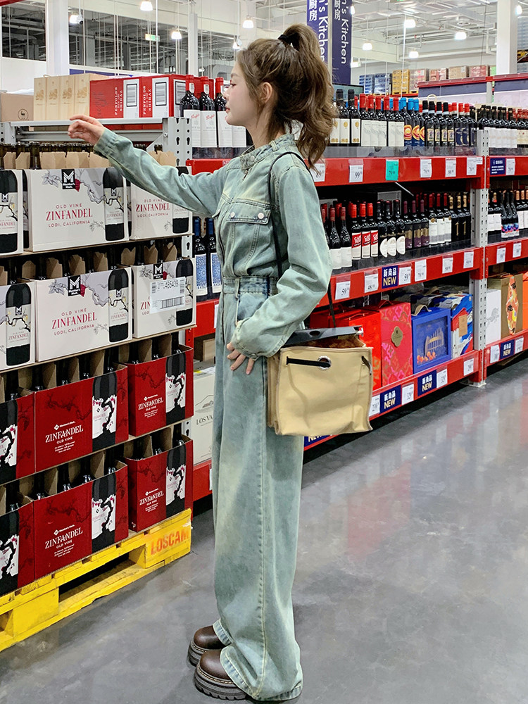 （新款现货）2026春装时尚休闲复古色立领拉链工装阔腿牛仔连体裤,女装连体裤,印象茜
