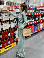 （新款现货）2026春装时尚休闲复古色立领拉链工装阔腿牛仔连体裤，女装连体裤，印象茜