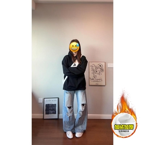 480G重磅加绒硬挺boxy 男女秋冬美式高街结构螺纹拼接卫衣厚外套图片