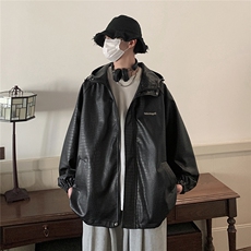 港风连帽鳄鱼纹PU皮衣大码情侣休闲冲锋衣夹克男JK8744P90控128，男装夹克，星座226-1