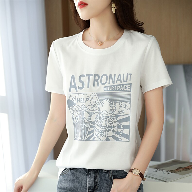 夏季丝光棉t恤女2024新款短款高支纯棉白色短袖绣花潮流烫钻百搭，女装T恤，元素羊绒