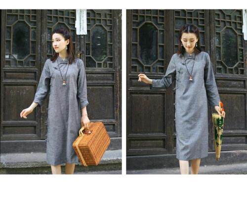 现货亚麻、苎麻盘扣裙，女装，蓝院