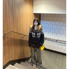 重磅北极绒座山雕大毛毛领毛衣外套冬美式复古休闲慵懒风针织开衫，男装针织衫/毛衣，电商A486-1