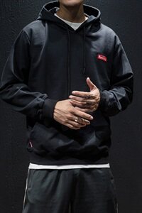 2021春季新日系大码黑墙纯色男潮牌连帽加绒卫衣W6061-P60图片
