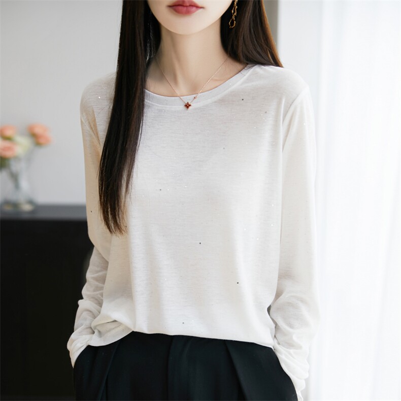 洋气春季新款圆领针织衫女宽松显瘦百搭长袖上衣可外简约打底衫，女装蕾丝衫/雪纺衫，昭美羊绒