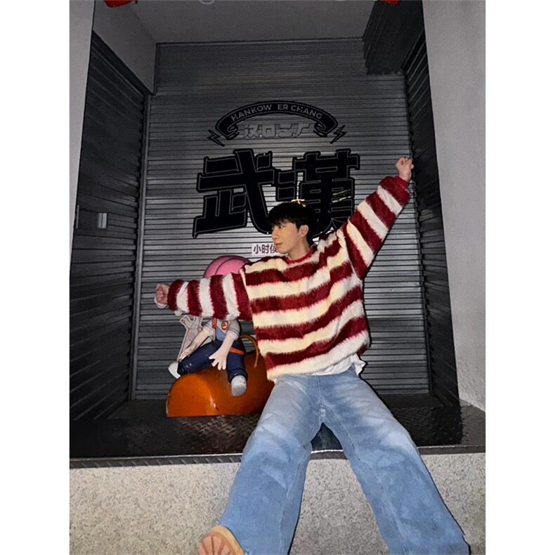 有货~美式复古撞色条纹针织衫宽松休闲情侣毛衣外套MY9534-特P60，男装针织衫/毛衣，星座218-5