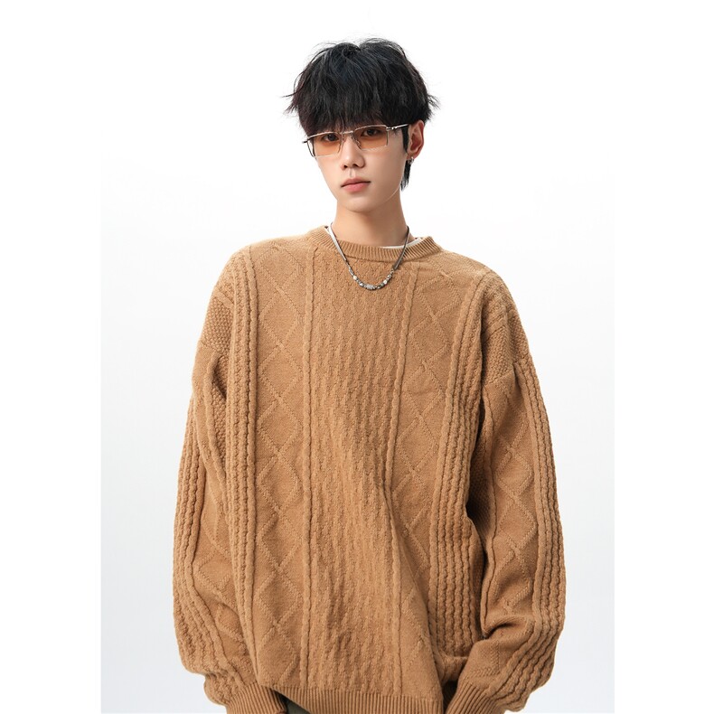 8XL-M圆领毛衣男秋冬季宽松慵懒套头麻花针织衫毛线衣MY19005P68图片
