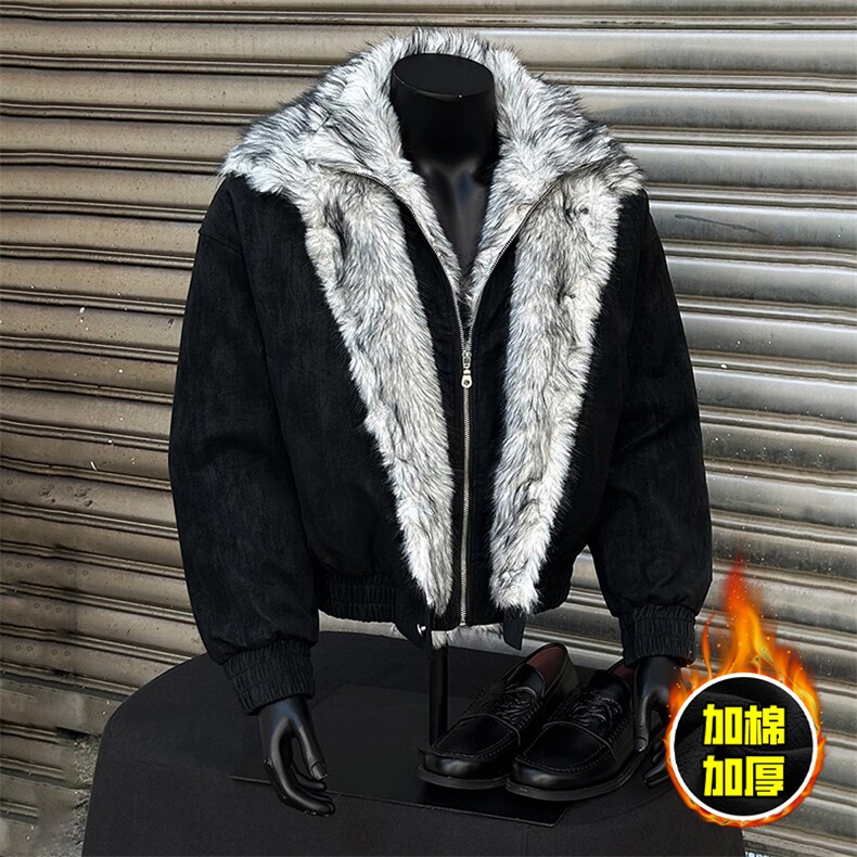 现货高品质美式高街重磅狼王座山雕毛毛领假两件棉衣加厚棉服外套，男装棉衣，电商A443