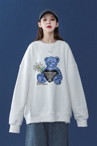 中性风 2026秋季新款设计感小熊腰果花印花圆领卫衣W175P30控48-图片