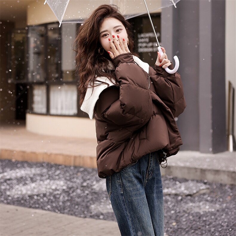 针织拼接咖色短款羽绒服女2024冬季新款韩系宽松设计感加厚面包服,女装羽绒服,曼娅璐