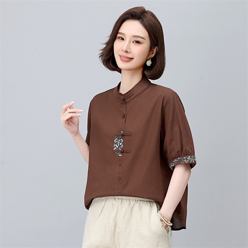 新中式国风刺绣棉麻衬衫女2025年夏季新款妈妈宽松遮肚子亚麻上衣,女装大码女装,依恋蒂丝