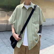 现货夏季条纹短袖衬衫休闲宽松翻领日系潮流ins衬衣W3121-P28,男装衬衫,星座512-2