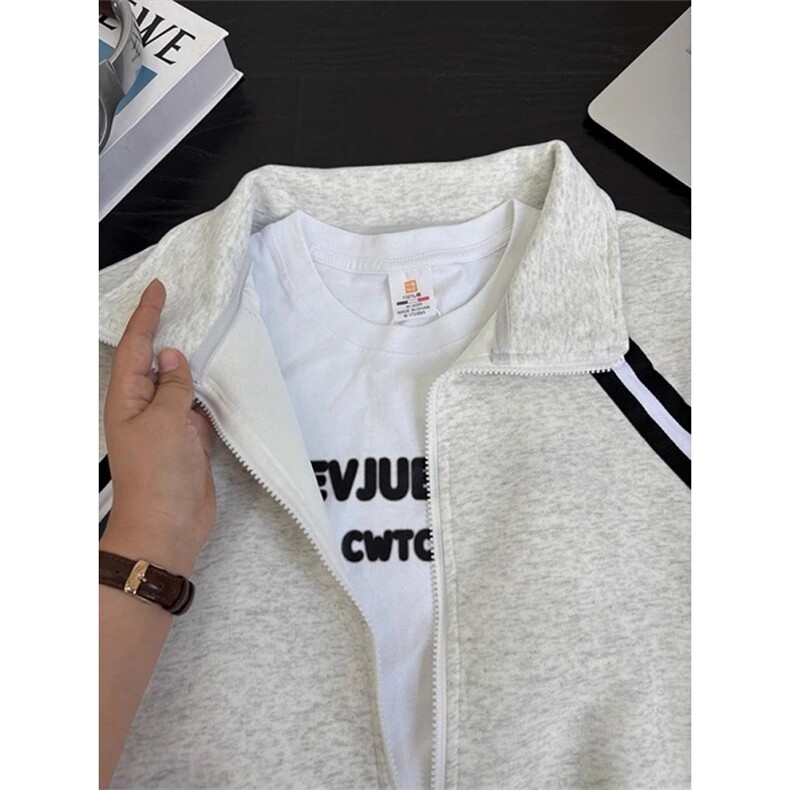 学院风条纹拼接开衫卫衣外套男款秋季美式潮牌翻领棒球服WHT24,女装短外套,星座208-5