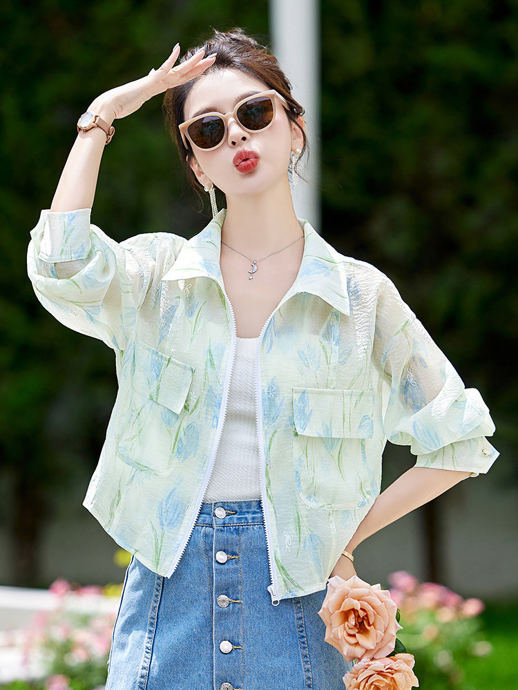 洋气减龄衬衫防晒衣薄外套女2024春夏新款宽松百搭空调衫夹克上衣,女装防晒衣,美静678