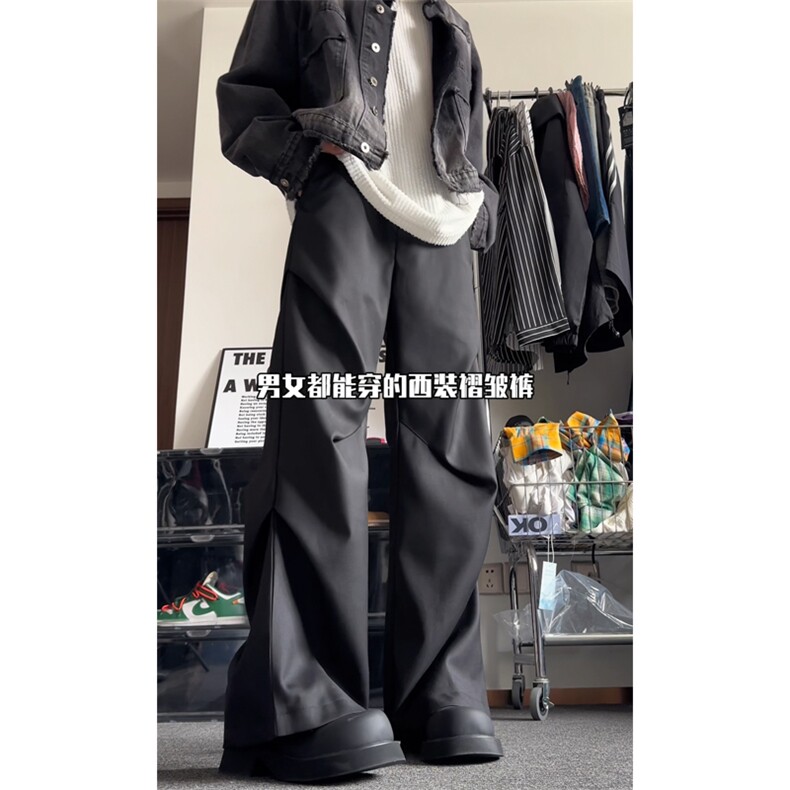 01美式高街设计感褶皱拖地微喇休闲裤垂感西裤XZ211-1-K2315-P55图片
