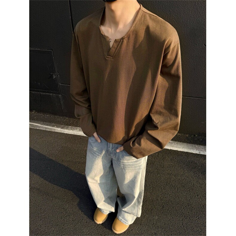 现货全棉V领男士长袖T恤纯色长袖套头衫立体剪裁领口设计款,男装T恤,星座510-1