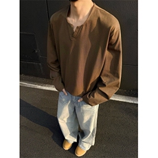 现货全棉V领男士长袖T恤纯色长袖套头衫立体剪裁领口设计款，男装T恤，星座510-1