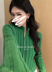 2025舒适百搭简约拉链坑条开衫，女装针织衫/毛衣，米咔羊绒