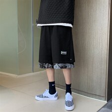 夏季腰果花短裤男假两件潮牌宽松直筒运动休闲五分中裤D8740-P28,男装牛仔裤,星座1008-2