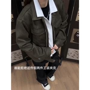 现货水洗麂皮假两件老钱风艾克夹克