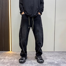 高端牛仔裤男春秋潮牌弯刀裤美式宽松休闲抽绳水洗复古直筒工装裤，男装牛仔裤，四季星座505