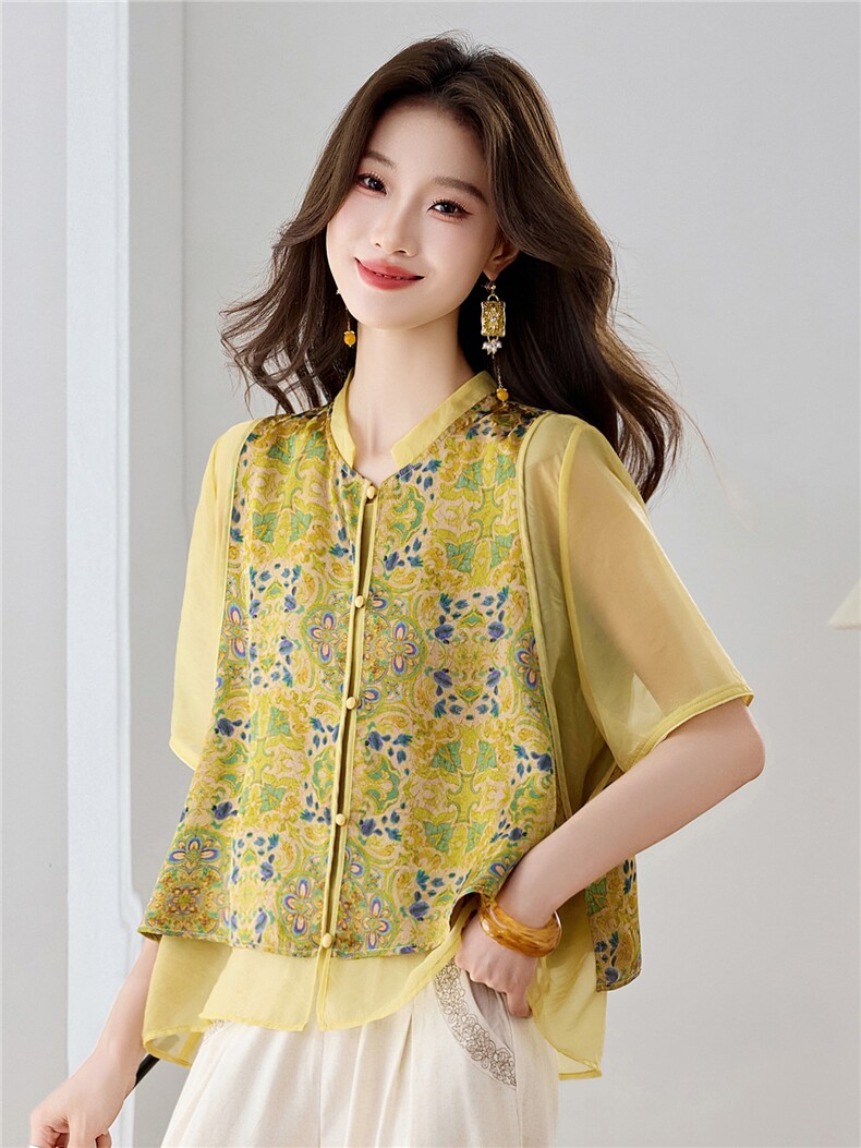 长期现货2026年夏季新款中式假两件复古短袖小衬衫马甲上衣T恤女,女装衬衫,璐依舞