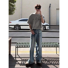 复古水洗牛仔裤男女高街vibe风宽松直筒阔腿拖地长裤子LM7766-P50，男装牛仔裤，星座1008