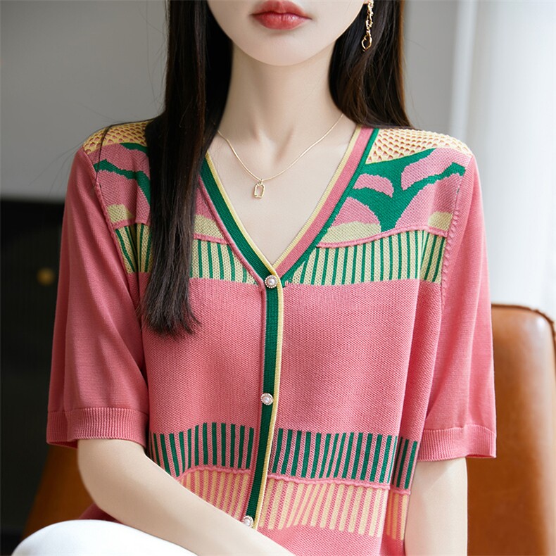 洋气妈妈撞色V领针织小衫中年女装早秋短袖上衣中老年薄款条纹T恤,针织衫/毛衣,郡淞羊绒