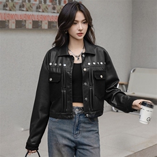 2024春秋新款美拉德柳钉短外套上衣美式复古皮衣女工装短款皮夹克，女装皮衣，江南女神