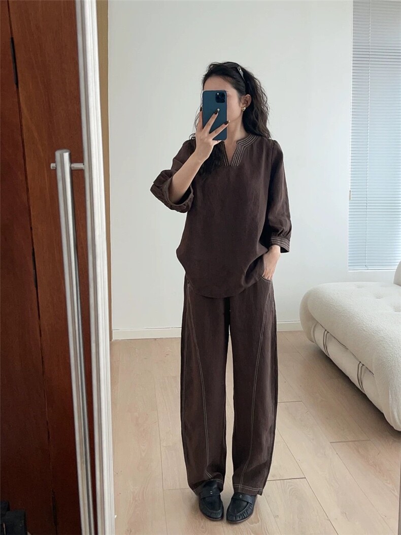 天丝苎麻撞色线松紧腰锥形显瘦百搭弯刀阔腿裤图片