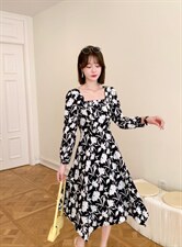 收腰碎花不规则裙摆中淑显瘦中长款韩版时尚连衣裙，女装连衣裙，荷塘月色