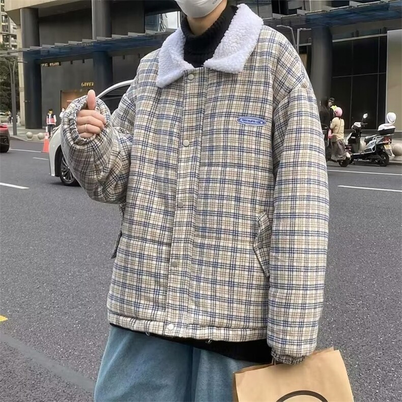 复古格子羊羔绒棉服男冬季ins潮牌宽松休闲加厚棉衣DM03P85,男装棉衣,星座1116-2