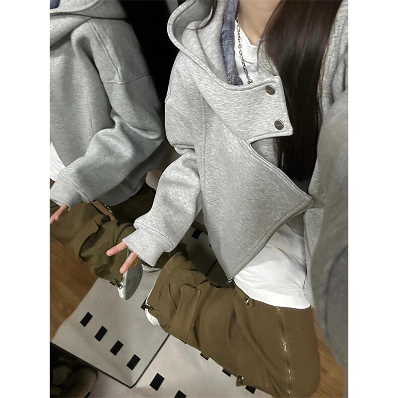 抖音得物品质26春装美式重磅结构斜拉链高领连帽卫衣开衫外套W61,女装短外套,电商A486