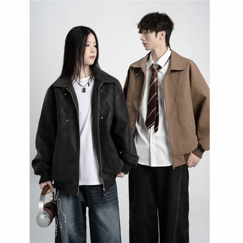 网图同款美式翻领纹理感PU皮夹克皮衣机车服外套JK508-P70，男装夹克，星座1213