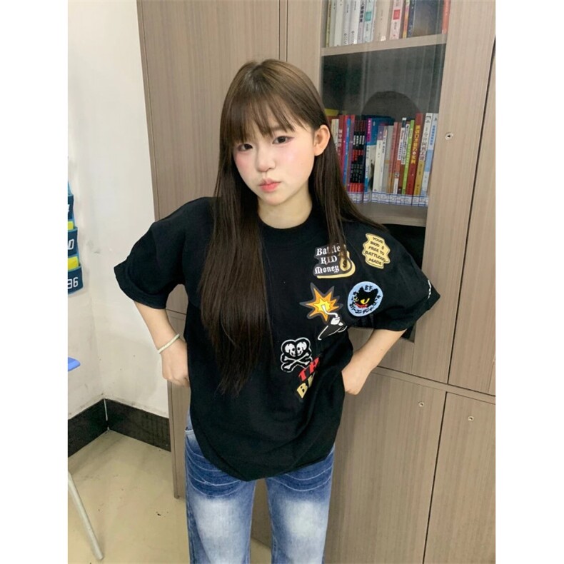 H0715-P35毛巾绣+印花+订标螺纹领包边拉肩短袖T恤图片