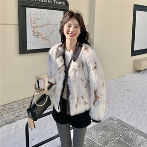 韩系设计感拼皮仿皮草女2025冬季新款小个子加厚保暖短款毛毛外套图片