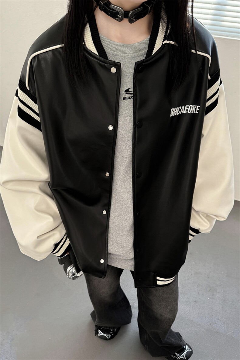 主推美式复古拼接罗纹pu棒球服情侣皮衣夹克外套男女G1094P108,男装夹克,电商A339