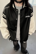 主推美式复古拼接罗纹pu棒球服情侣皮衣夹克外套男女G1094P108，男装夹克，电商A339