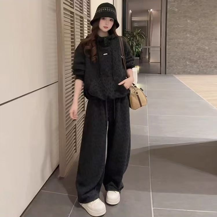 1506A/G2950/P79时尚套装女冬季新款洋气豹纹连帽卫衣阔腿裤休闲,男装休闲套装,星座1506A