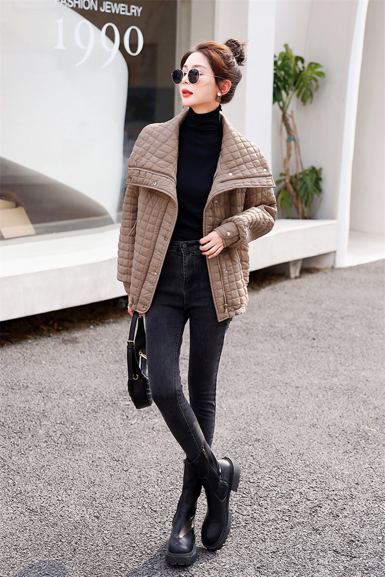 2022冬季新款提花大翻领宽松气质轻薄棉衣棉服,女装棉衣/棉服,奕薇雅