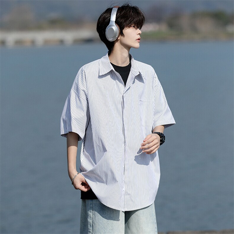 8XL-M条纹短袖衬衫男夏季宽松慵懒风痞帅大码衬衣外套DC28001P40,男装衬衫,电商B312