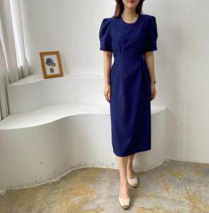 圆领净色收腰连衣裙，女装连衣裙，土布鱼